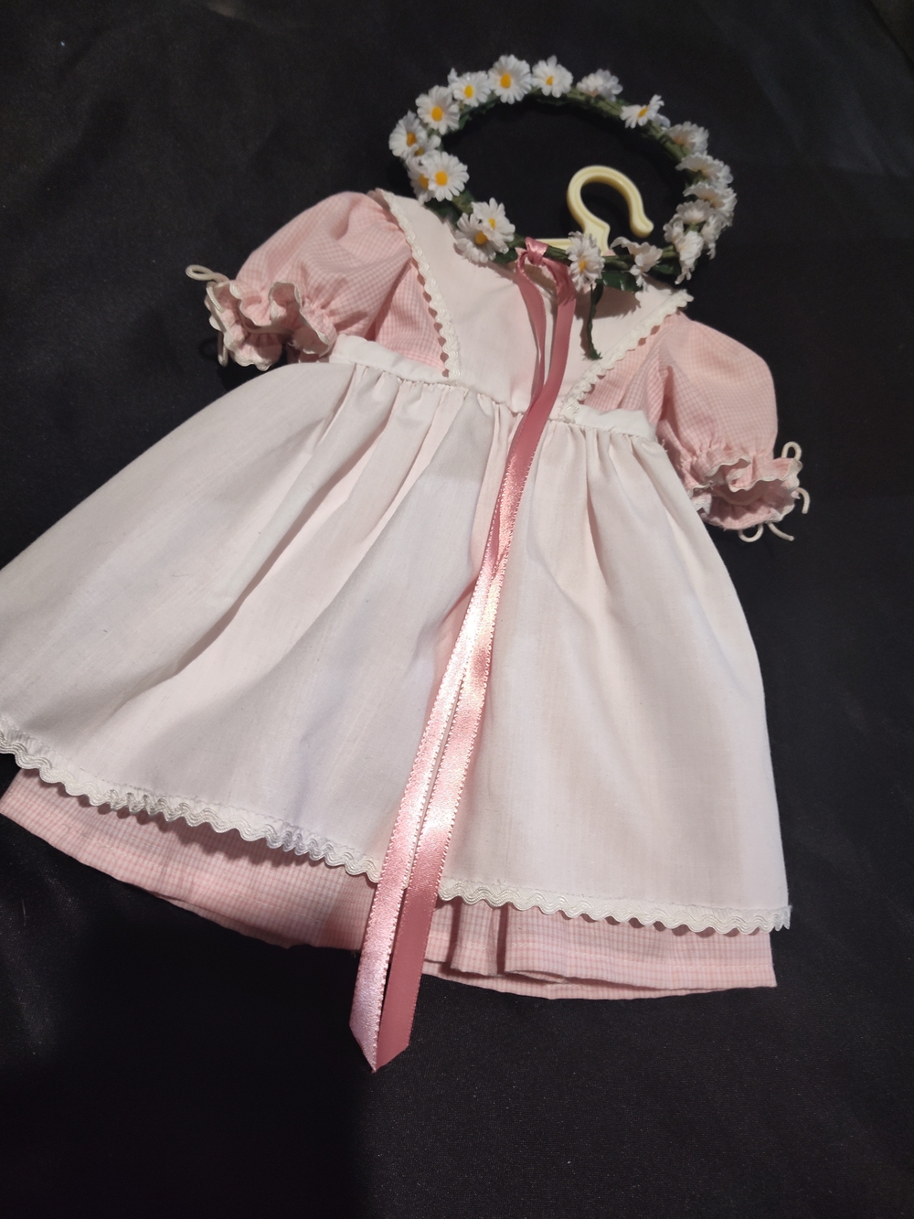 American Girl Pink and White Gingham Dress with Apron & Flower Crown